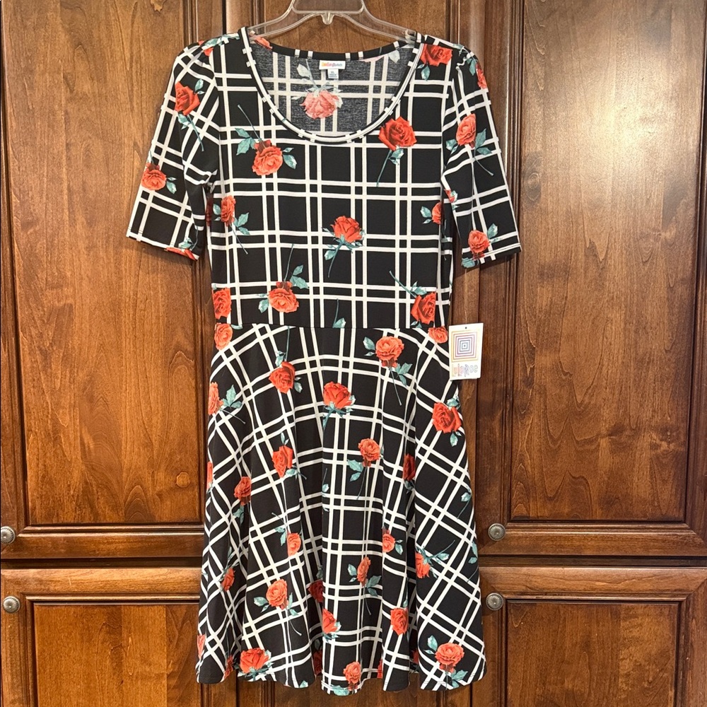LuLaRoe Nicole Black/White plaid with Red/Green Roses Midi Dress